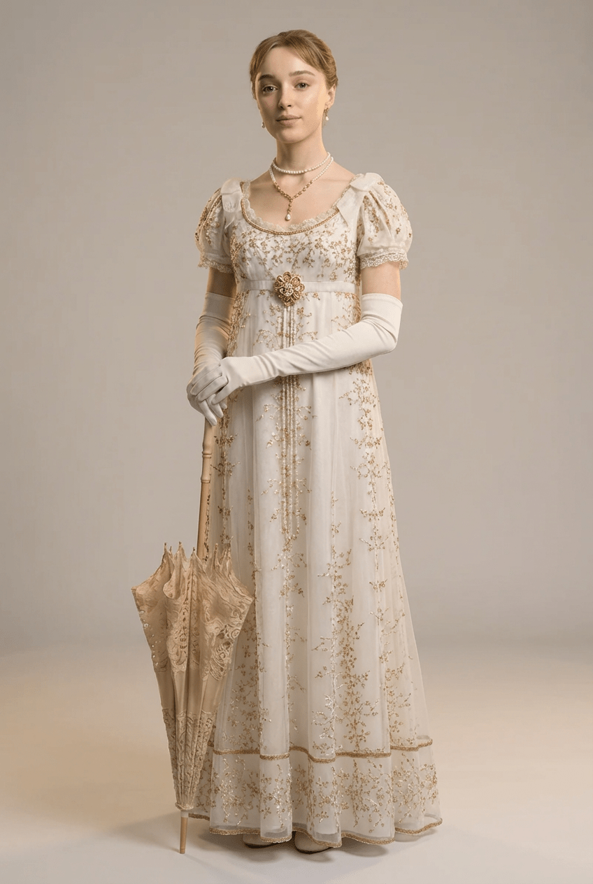 Bridgerton Ivory Embroidered Empire Waist Vintage Gown with Floral Lace Overlay Plus Size - WonderlandByLilian