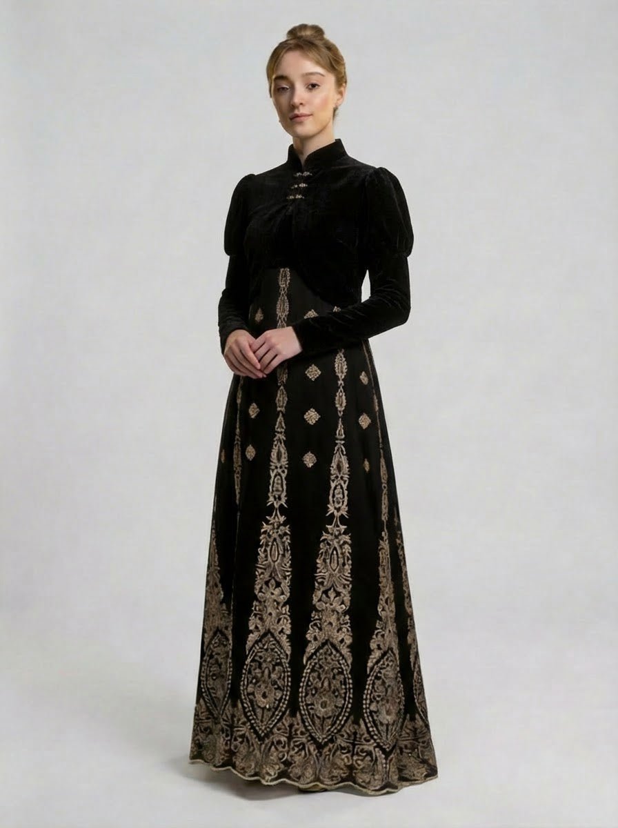 Bridgerton Regency Black Embroidered Velvet Empire Waist Vintage Gown with Baroque Silver Motif Plus Size - WonderlandByLilian