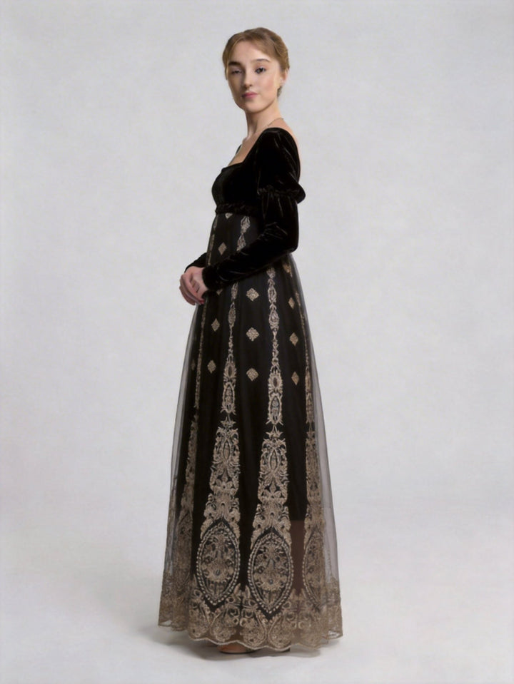 Bridgerton Regency Black Embroidered Velvet Empire Waist Vintage Gown with Baroque Silver Motif Plus Size - WonderlandByLilian