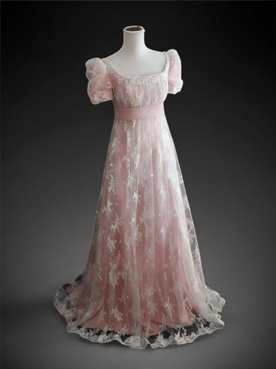 Bridgerton Style Blush Pink Pink Lace Regency Era Ball Gown Wedding Dress Plus Size - WonderlandByLilian