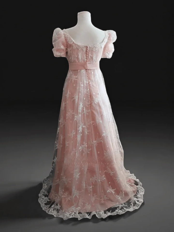 Bridgerton Style Blush Pink Pink Lace Regency Era Ball Gown Wedding Dress Plus Size