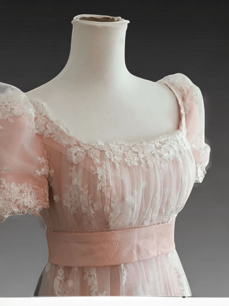 Bridgerton Style Blush Pink Pink Lace Regency Era Ball Gown Wedding Dress Plus Size - WonderlandByLilian