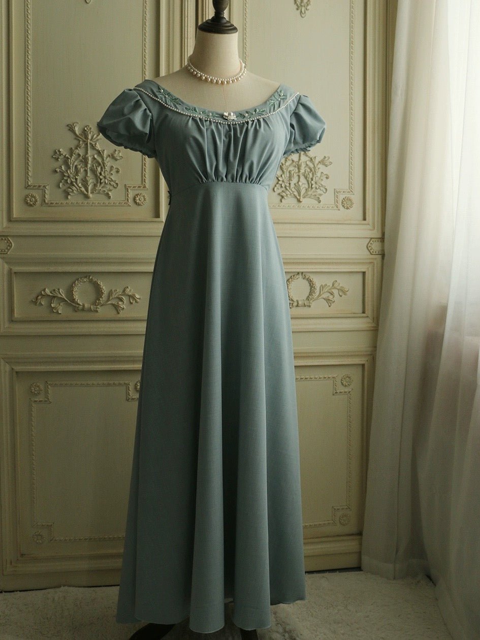 Bridgerton Inspired Grayish Blue Regency Era Dress - Vintage Floral Applique Dress with Beaded Plus Size - WonderlandByLilian