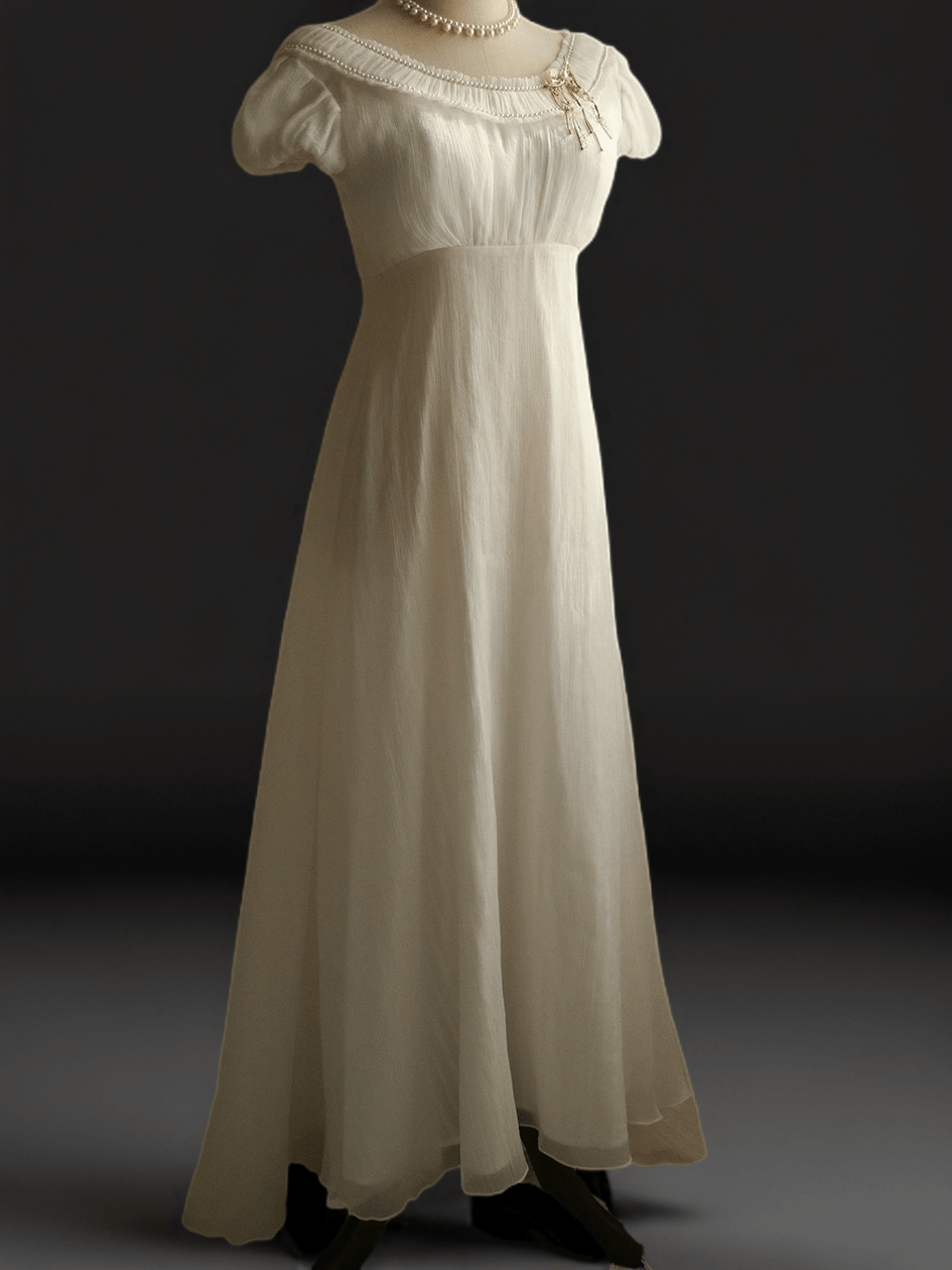 Bridgerton inspired White Regency Era Dress with Chiffon Ruffle - Custom Made Regency Dress with Pearl Plus Size - WonderlandByLilian