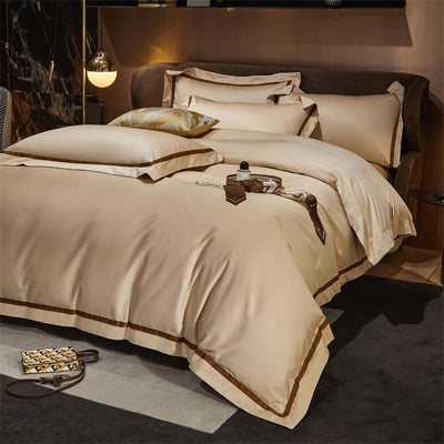 Brisa Dark Vanilla Contrasting Hotel Stripe Bedding Set - WonderlandByLilian