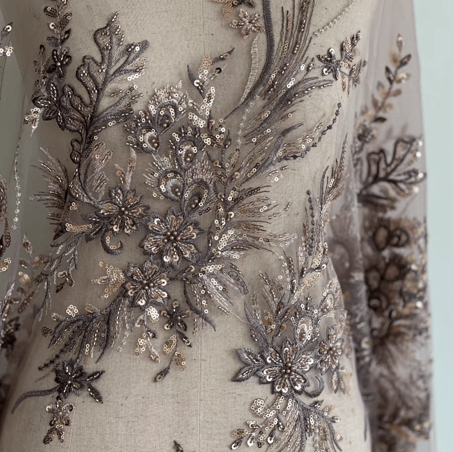 Bronze Floral Sequin Embroidered Lace Fabric - WonderlandByLilian