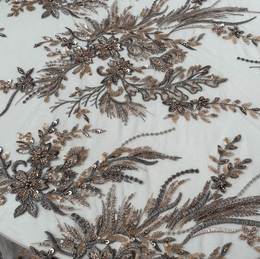 Bronze Floral Sequin Embroidered Lace Fabric - WonderlandByLilian