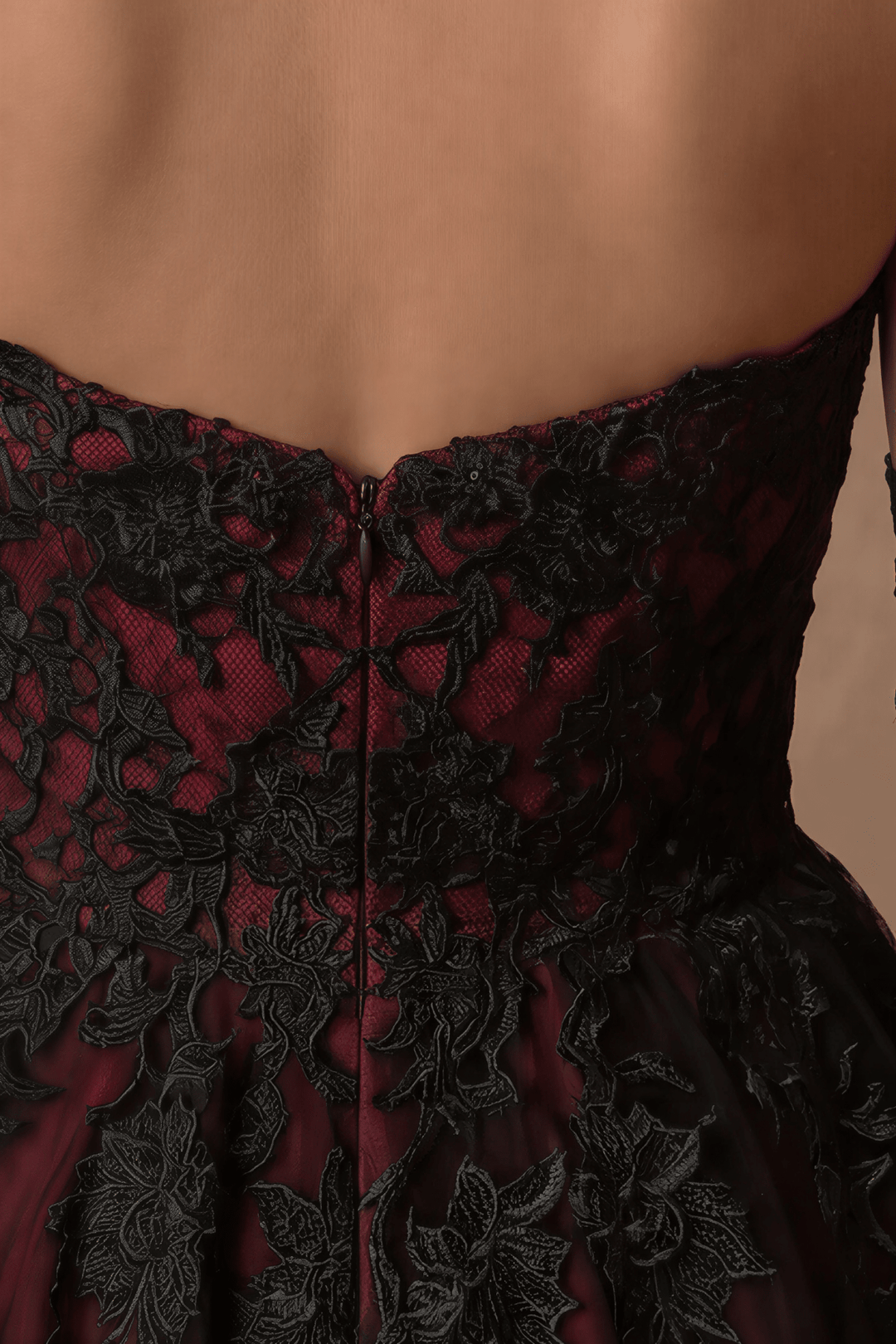 Burgundy Black Lace Strapless Gothic Ball Gown – Embroidered Tulle Full Skirt Evening Dress Gothic Bridal Dress Plus Size - WonderlandByLilian