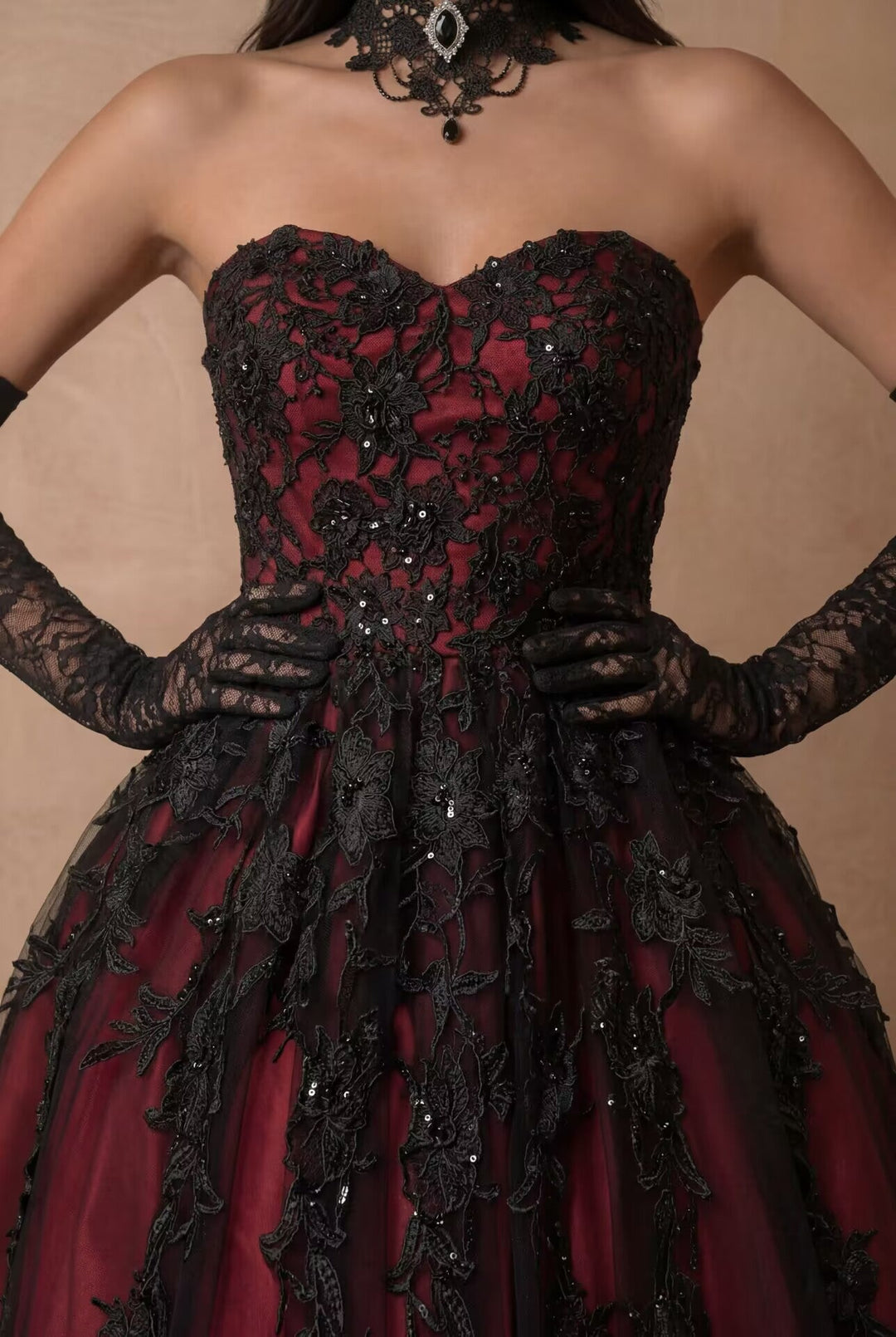 Burgundy Black Lace Strapless Gothic Ball Gown – Embroidered Tulle Full Skirt Evening Dress Gothic Bridal Dress Plus Size - WonderlandByLilian