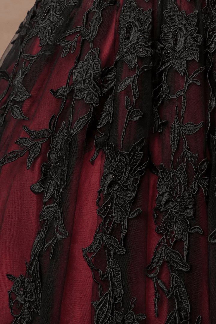 Burgundy Black Lace Strapless Gothic Ball Gown – Embroidered Tulle Full Skirt Evening Dress Gothic Bridal Dress Plus Size - WonderlandByLilian