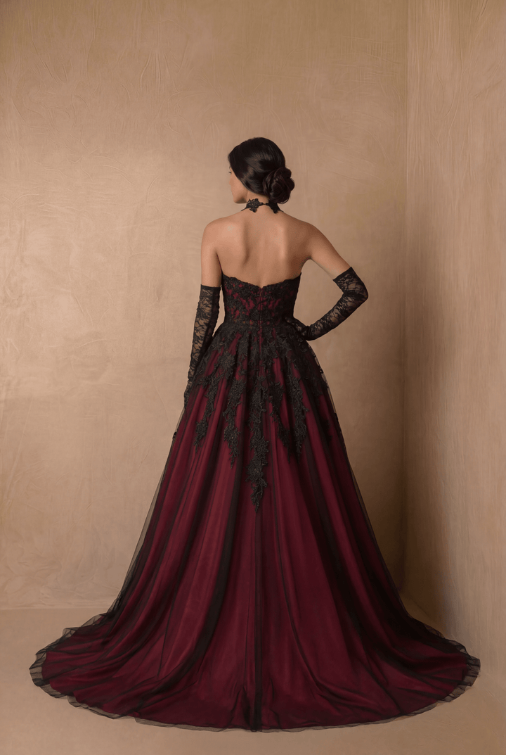 Burgundy Black Lace Strapless Gothic Ball Gown – Embroidered Tulle Full Skirt Evening Dress Gothic Bridal Dress Plus Size - WonderlandByLilian
