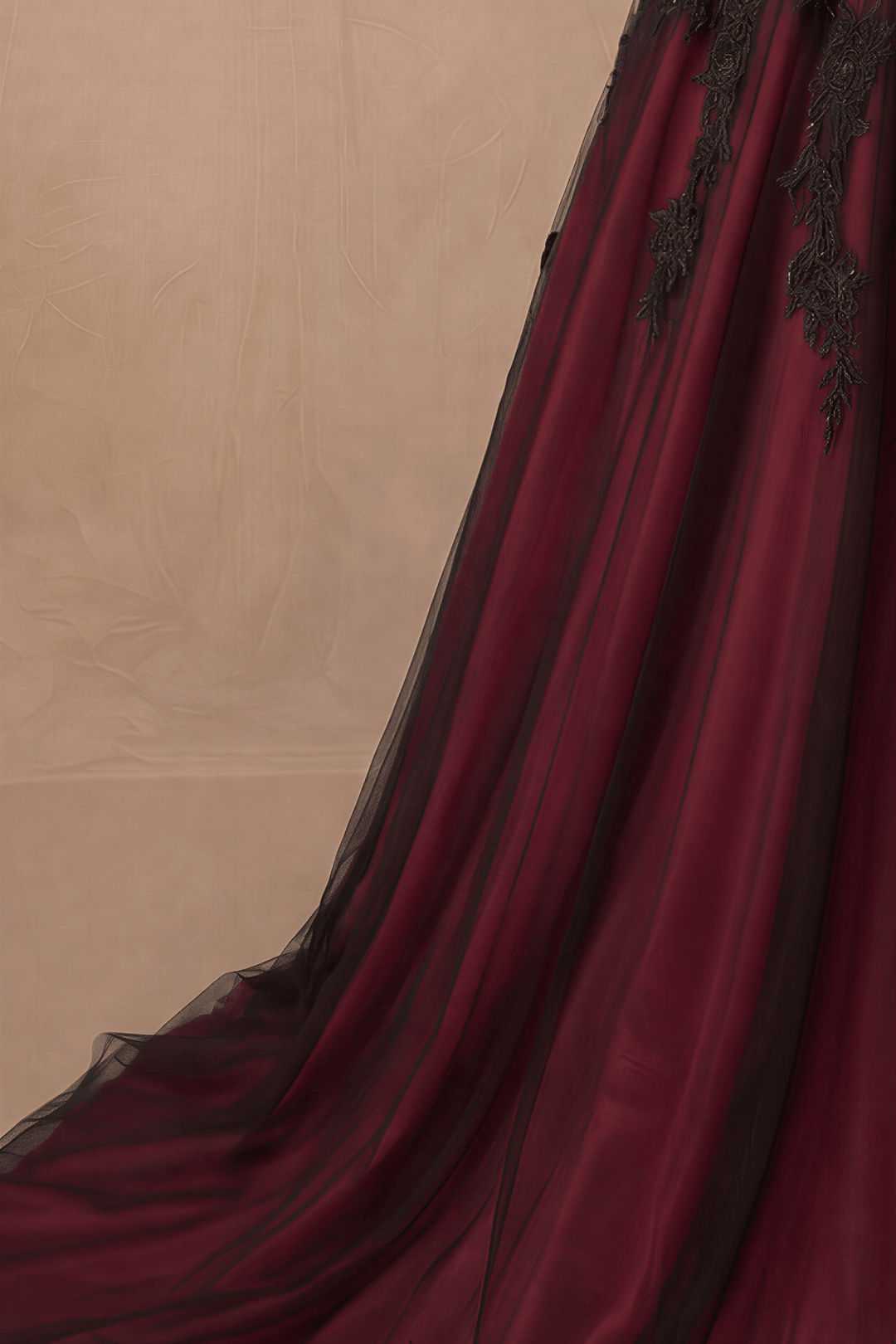 Burgundy Black Lace Strapless Gothic Ball Gown – Embroidered Tulle Full Skirt Evening Dress Gothic Bridal Dress Plus Size - WonderlandByLilian