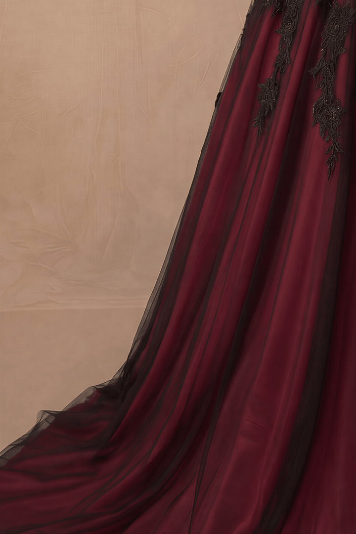 Burgundy Black Lace Strapless Gothic Ball Gown – Embroidered Tulle Full Skirt Evening Dress Gothic Bridal Dress Plus Size - WonderlandByLilian