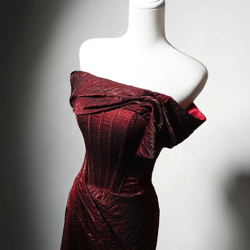 Burgundy Crinkled Satin Evening Dress - Elegant Off-the-Shoulder Red Evening Gown with Corset Plus Size - WonderlandByLilian
