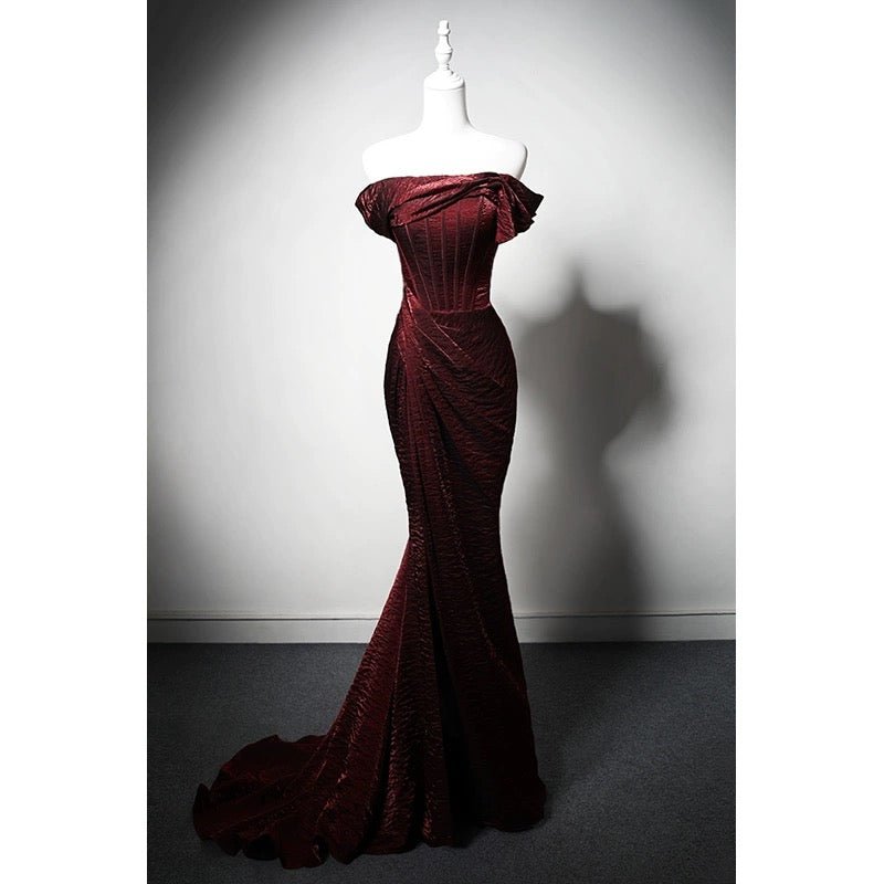 Burgundy Crinkled Satin Evening Dress - Elegant Off-the-Shoulder Red Evening Gown with Corset Plus Size - WonderlandByLilian