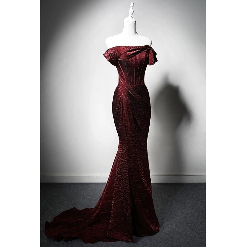 Burgundy Crinkled Satin Evening Dress - Elegant Off-the-Shoulder Red Evening Gown with Corset Plus Size - WonderlandByLilian