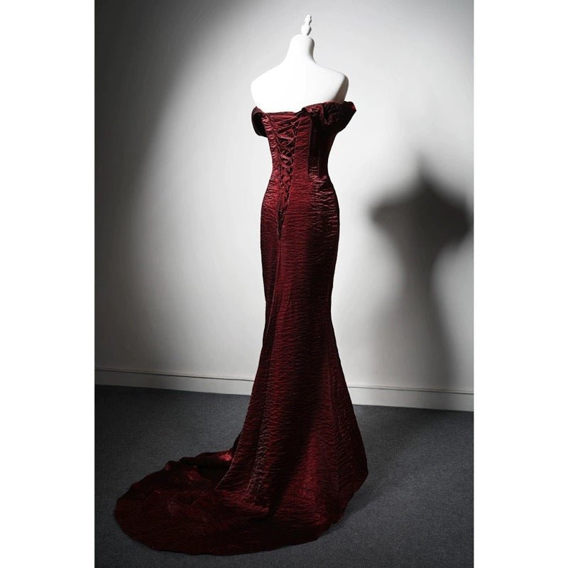 Burgundy Crinkled Satin Evening Dress - Elegant Off-the-Shoulder Red Evening Gown with Corset Plus Size - WonderlandByLilian