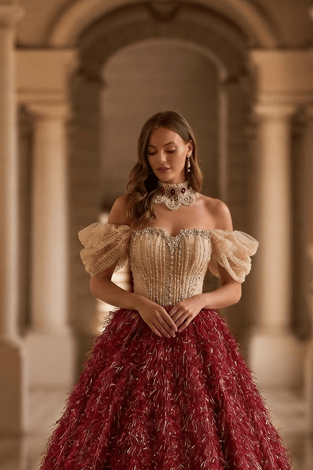 Burgundy Feathered Ball Gown with Crystal Corset Bodice and Draped Off Shoulder Sleeves Luxury Regal Evening Dress Couture Formal Gown Plus Size - WonderlandByLilian
