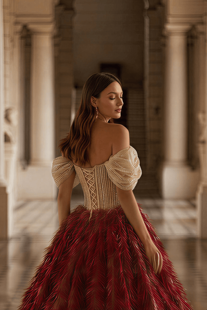 Burgundy Feathered Ball Gown with Crystal Corset Bodice and Draped Off Shoulder Sleeves Luxury Regal Evening Dress Couture Formal Gown Plus Size - WonderlandByLilian