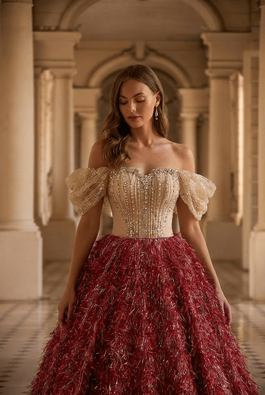 Burgundy Feathered Ball Gown with Crystal Corset Bodice and Draped Off Shoulder Sleeves Luxury Regal Evening Dress Couture Formal Gown Plus Size