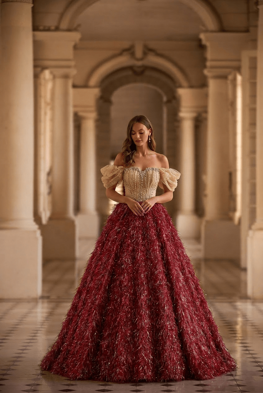 Burgundy Feathered Ball Gown with Crystal Corset Bodice and Draped Off Shoulder Sleeves Luxury Regal Evening Dress Couture Formal Gown Plus Size - WonderlandByLilian