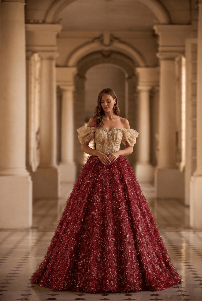 Burgundy Feathered Ball Gown with Crystal Corset Bodice and Draped Off Shoulder Sleeves Luxury Regal Evening Dress Couture Formal Gown Plus Size Size