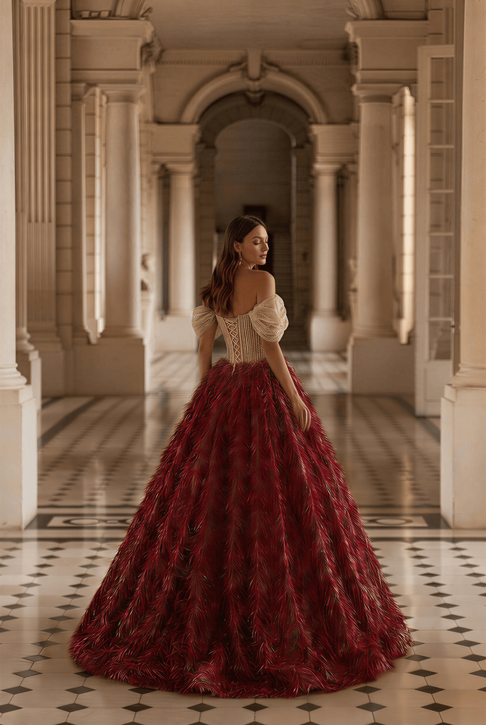 Burgundy Feathered Ball Gown with Crystal Corset Bodice and Draped Off Shoulder Sleeves Luxury Regal Evening Dress Couture Formal Gown Plus Size - WonderlandByLilian