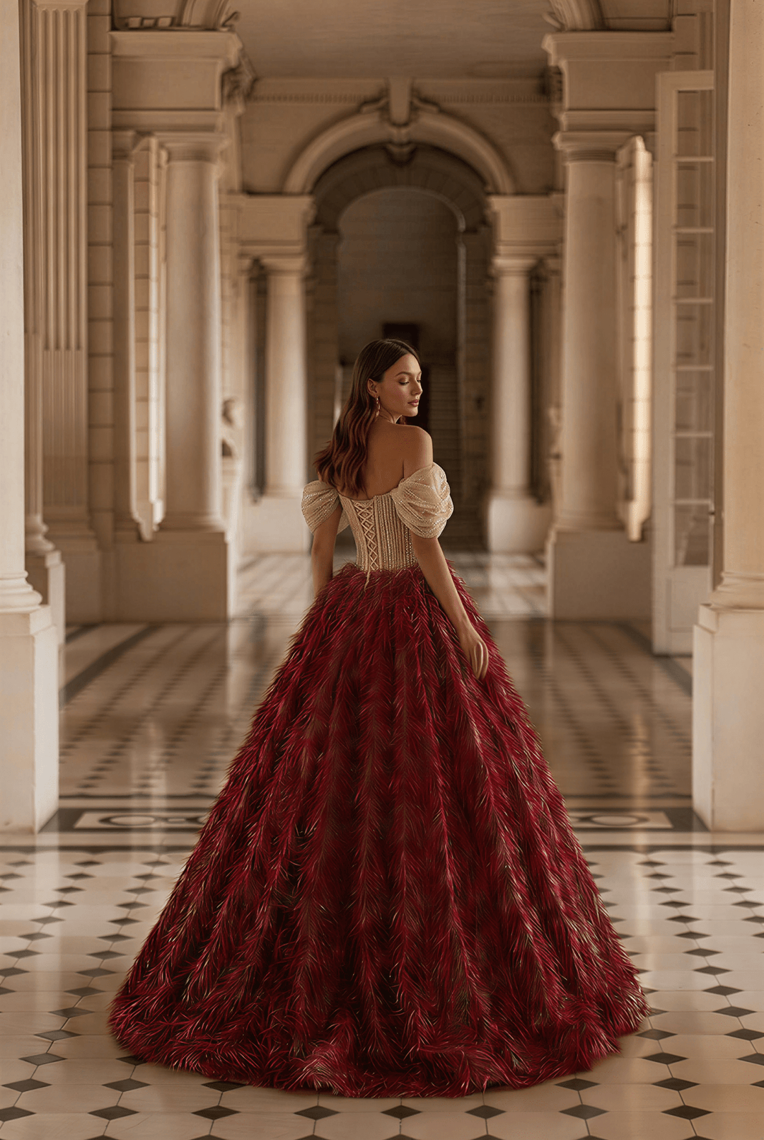 Burgundy Feathered Ball Gown with Crystal Corset Bodice and Draped Off Shoulder Sleeves Luxury Regal Evening Dress Couture Formal Gown Plus Size - WonderlandByLilian