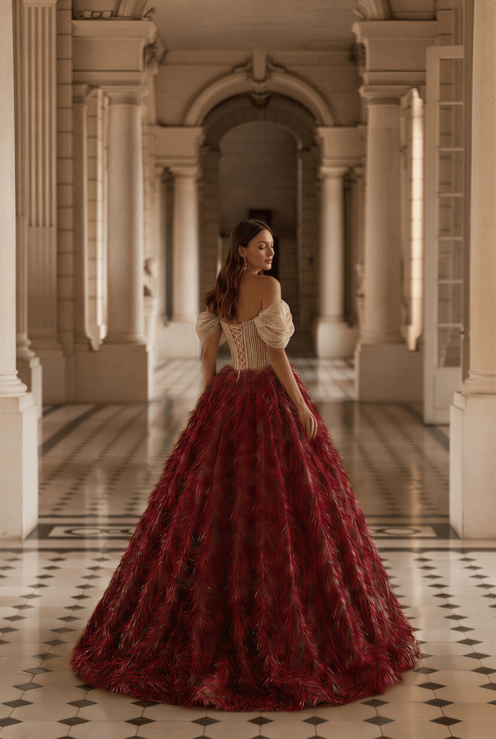 Burgundy Feathered Ball Gown with Crystal Corset Bodice and Draped Off Shoulder Sleeves Luxury Regal Evening Dress Couture Formal Gown Plus Size - WonderlandByLilian