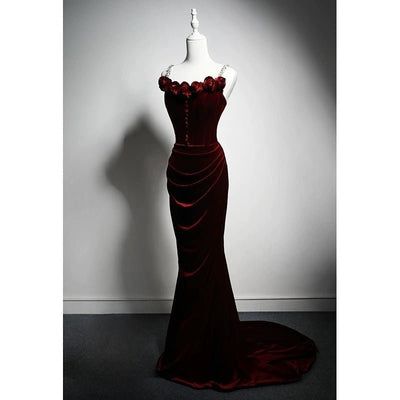 Burgundy Gothic Evening Dress with Floral Appliqué - Elegant Red Evening Gown Plus Size - WonderlandByLilian
