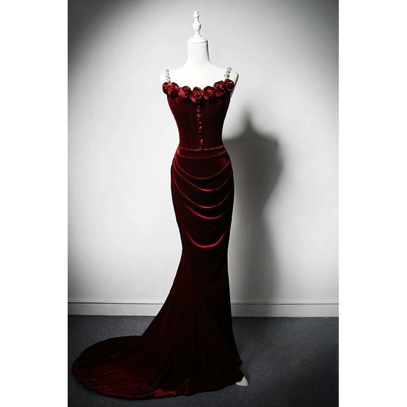 Burgundy Gothic Evening Dress with Floral Appliqué - Elegant Red Evening Gown Plus Size - WonderlandByLilian