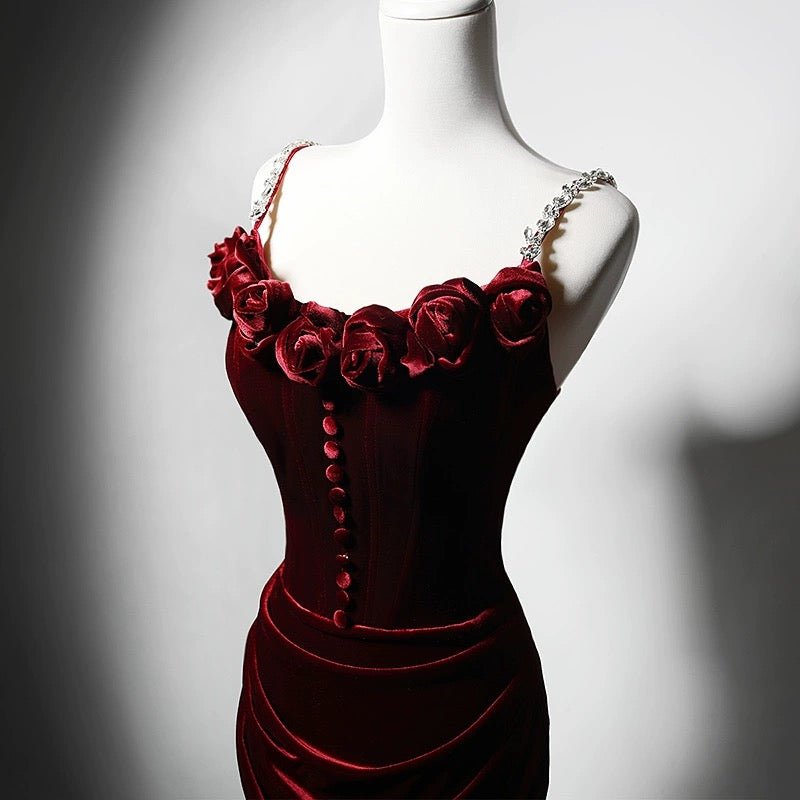 Burgundy Gothic Evening Dress with Floral Appliqué - Elegant Red Evening Gown Plus Size - WonderlandByLilian