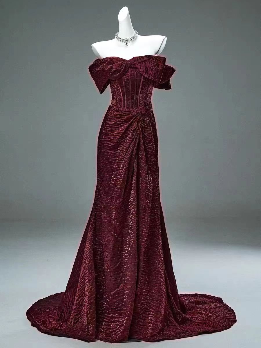 Burgundy Off - the - Shoulder Evening Gown with Bow Detail - Plus Size Elegant Modest Dress - WonderlandByLilian