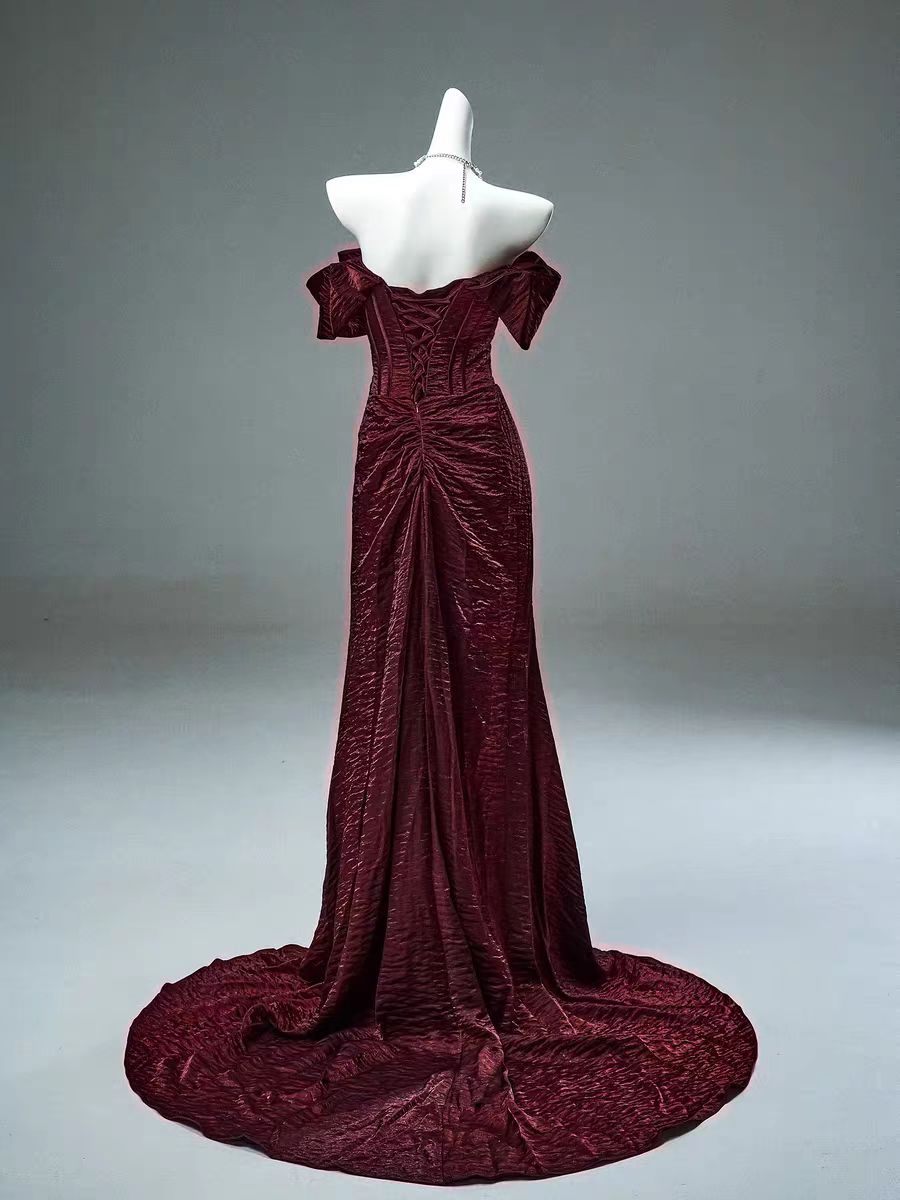 Gothic Burgundy Off-Shoulder Velvet Evening Gown with Train - Plus Size Size 28W / Red Gothic Burgundy Off-Shoulder Velvet Evening Gown with Train - Plus Size Size 28W / Red