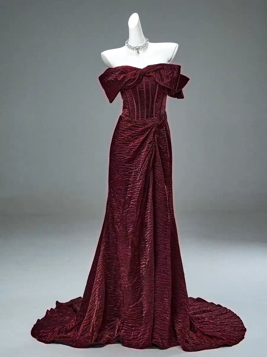 Burgundy Off - the - Shoulder Evening Gown with Bow Detail - Plus Size Elegant Modest Dress - WonderlandByLilian