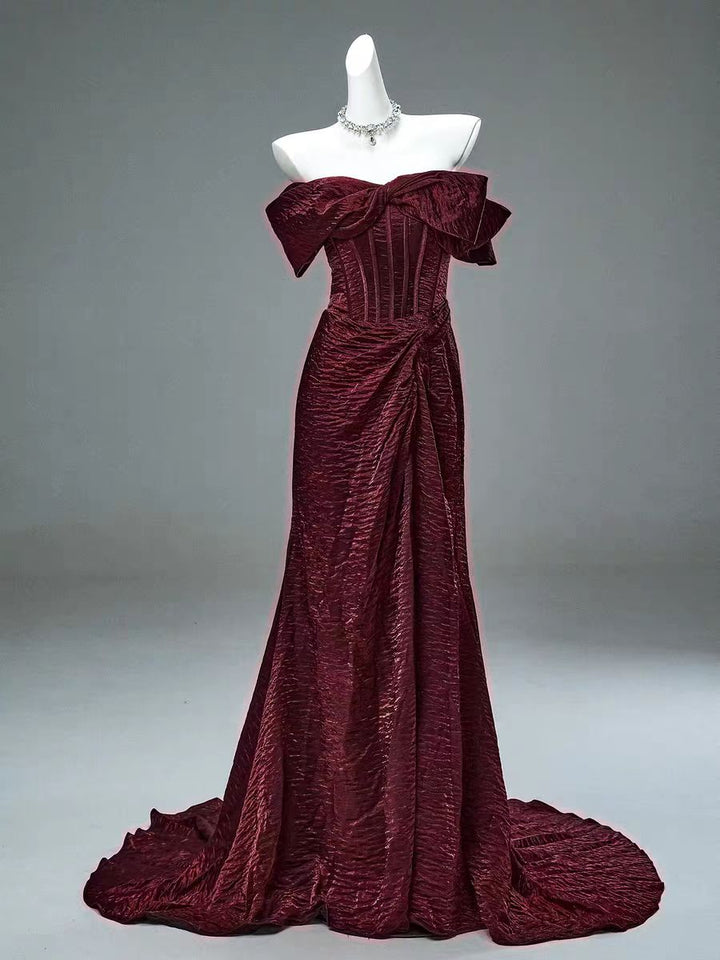 Burgundy Off - the - Shoulder Evening Gown with Bow Detail - Plus Size Elegant Modest Dress - WonderlandByLilian