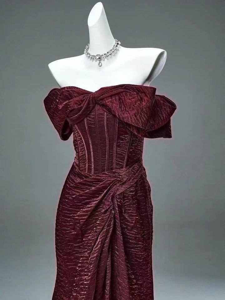 Burgundy Off - the - Shoulder Evening Gown with Bow Detail - Plus Size Elegant Modest Dress - WonderlandByLilian