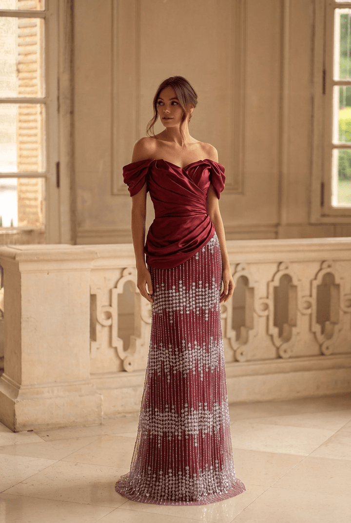 Burgundy Red Off - Shoulder Draped Satin Evening Gown with Crystal Beaded Skirt Slim Fit Formal Dress Couture Plus Size - WonderlandByLilian