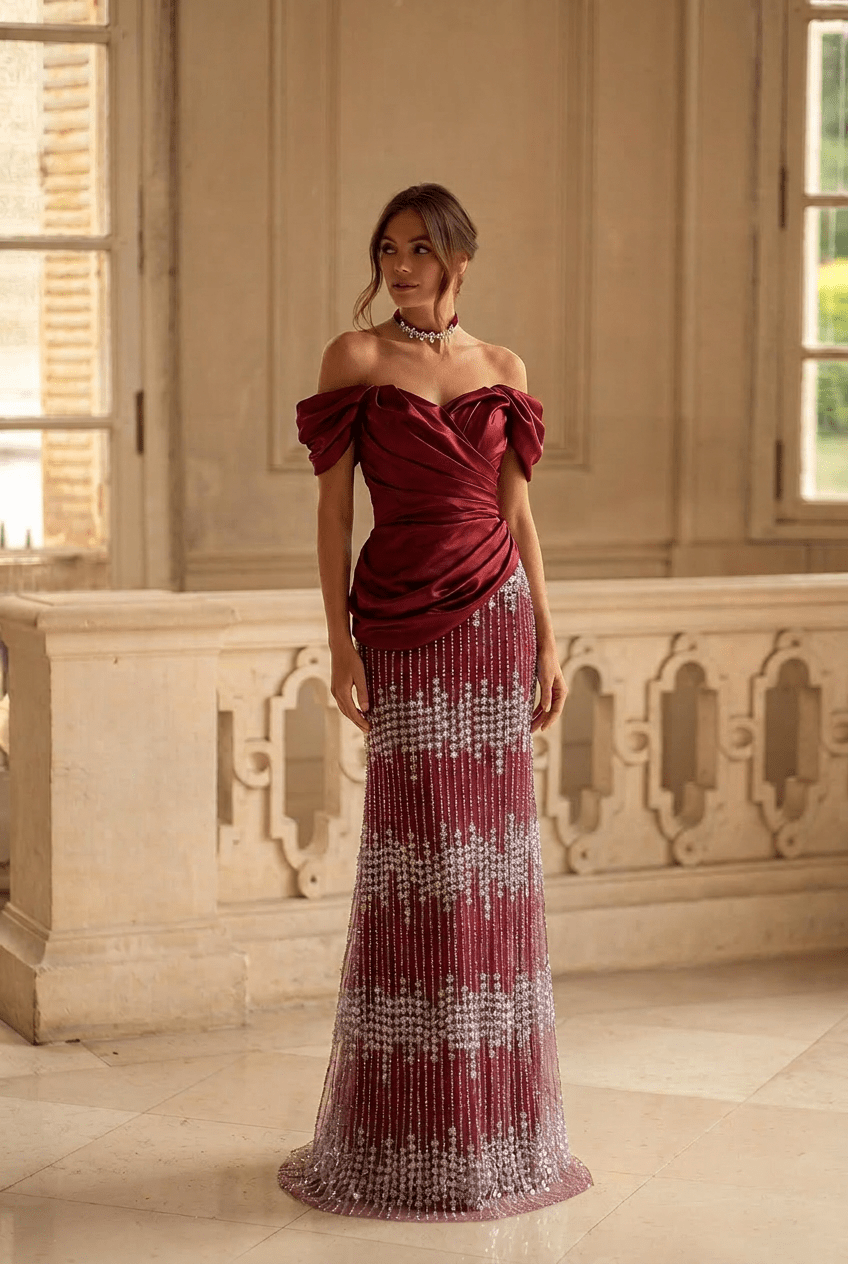 Burgundy Red Off - Shoulder Draped Satin Evening Gown with Crystal Beaded Skirt Slim Fit Formal Dress Couture Plus Size - WonderlandByLilian