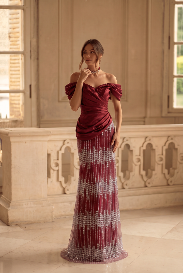 Burgundy Red Off-Shoulder Draped Satin Evening Gown with Crystal Beaded Skirt Slim Fit Formal Dress Couture Plus Size