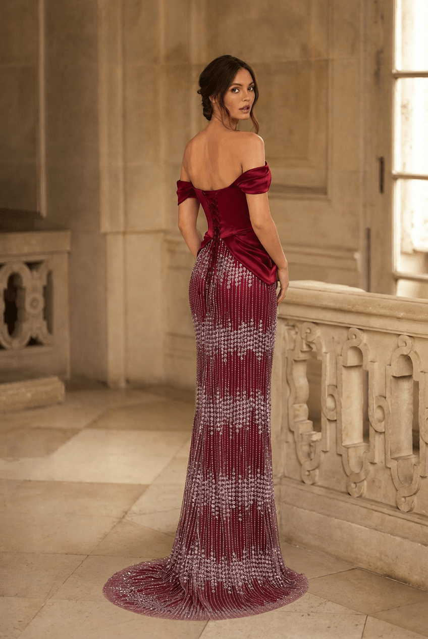 Burgundy Red Off - Shoulder Draped Satin Evening Gown with Crystal Beaded Skirt Slim Fit Formal Dress Couture Plus Size - WonderlandByLilian