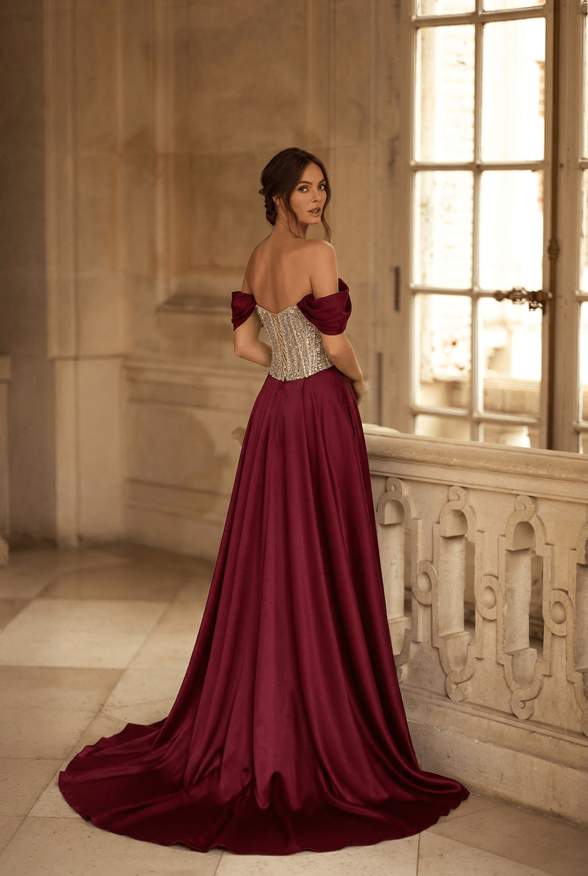 Burgundy Satin Evening Gown with Crystal Corset Bodice and Draped Skirt Elegant Off Shoulder Formal Dress Old Money Couture Gown Plus Size Size 6