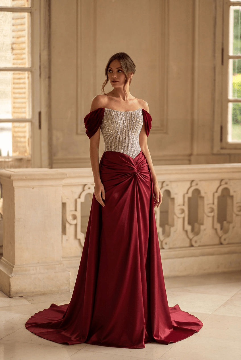 Burgundy Satin Evening Gown with Crystal Corset Bodice and Draped Skirt Elegant Off Shoulder Formal Dress Old Money Couture Gown Plus Size - WonderlandByLilian
