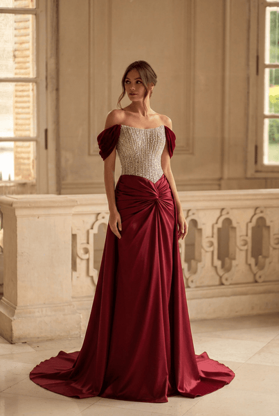 Burgundy Satin Evening Gown with Crystal Corset Bodice and Draped Skirt Elegant Off Shoulder Formal Dress Old Money Couture Gown Plus Size Size 6