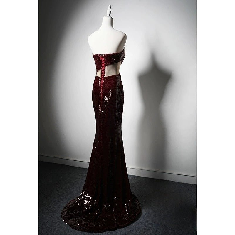 Burgundy Sequin Cutout Evening Dress with Floral Appliqué - Elegant Red Evening Gown Plus Size - WonderlandByLilian