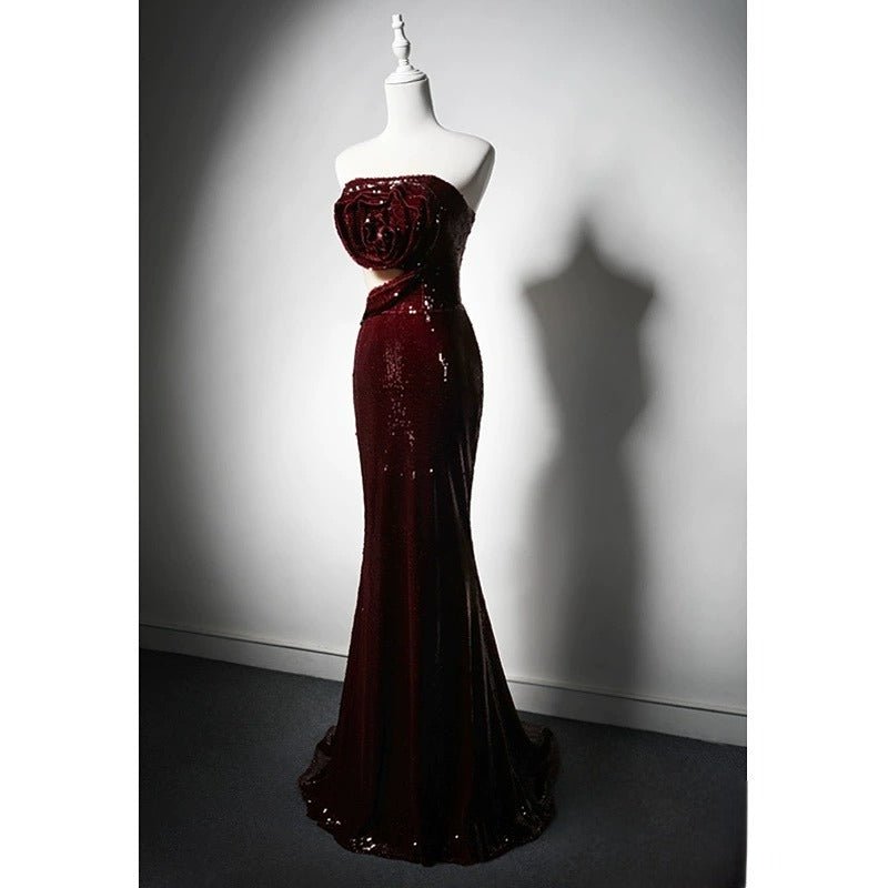 Burgundy Sequin Cutout Evening Dress with Floral Appliqué - Elegant Red Evening Gown Plus Size - WonderlandByLilian