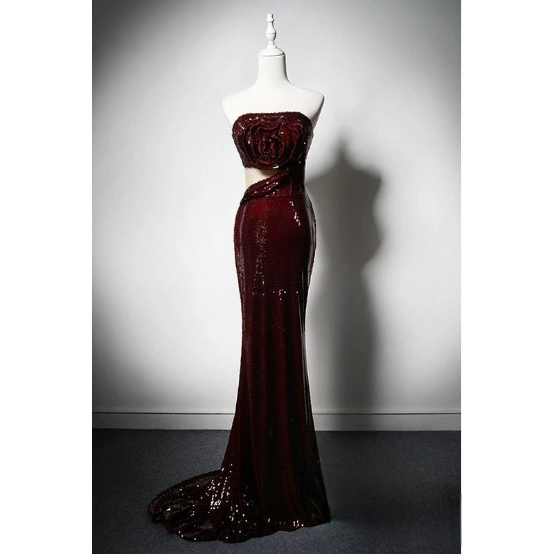 Burgundy Sequin Cutout Evening Dress with Floral Appliqué - Elegant Red Evening Gown Plus Size - WonderlandByLilian