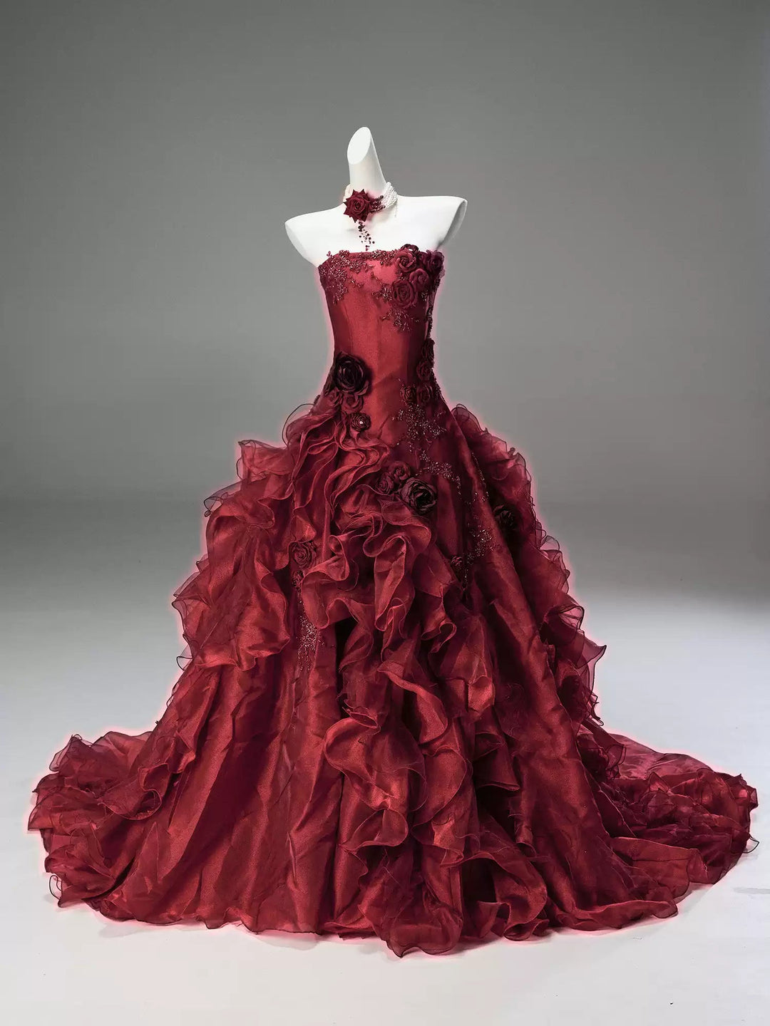 Burgundy Strapless Layered Ruffle Dress with Floral Appliqué – Floral Evening Dress with Corset Back Plus Size - WonderlandByLilian