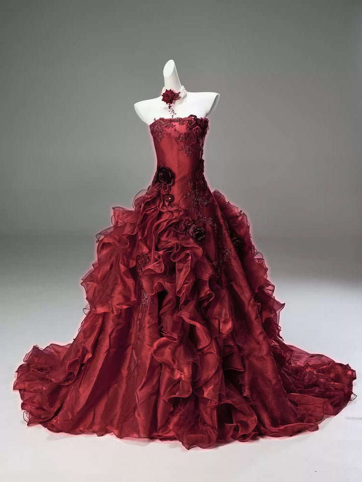 Burgundy Strapless Layered Ruffle Dress with Floral Appliqué – Floral Evening Dress with Corset Back Plus Size - WonderlandByLilian