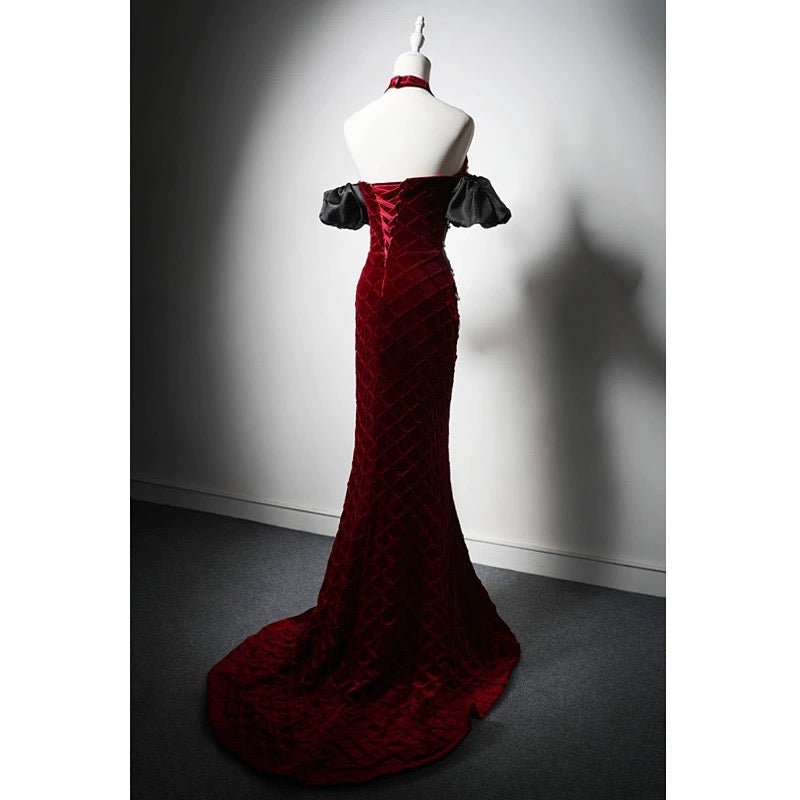 Burgundy Velvet Evening Dress with Pearl Chains - Off-the-Shoulder Dress with Sleeves - Red Evening Gown Plus Size Size 0 / Red Burgundy Velvet Evening Dress with Pearl Chains - Off-the-Shoulder Dress with Sleeves - Red Evening Gown Plus Size Size 0 / Red